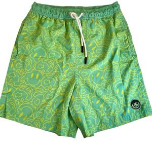 Neff Youth Med Green/Yellow Swim Trunks Smiley Face Pockets Unlined Beach Summer